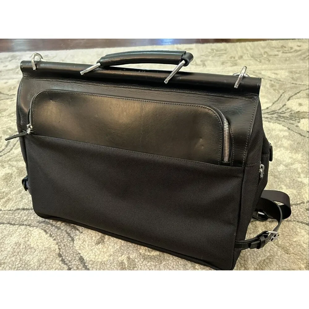 Tumi Park Lane Black Leather Nylon Expandable Briefcase Postman Crossbody Bag